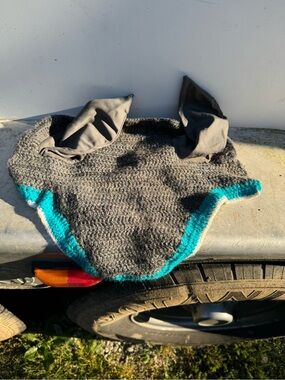 Handmade Gray/Teal Horse Ear Fly Crochet Bonnet